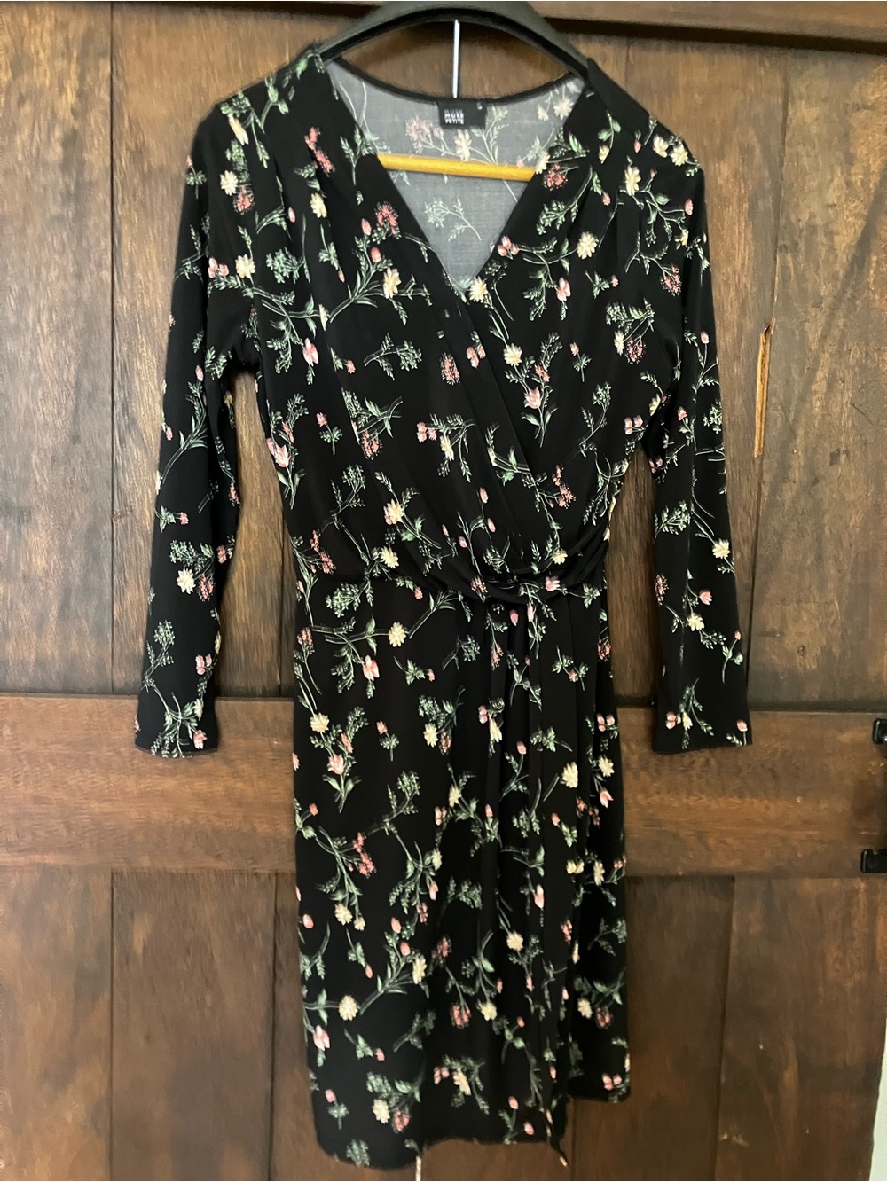 Muse Black Long-Sleeve Floral Wrap Dress with Pink and Green Accents